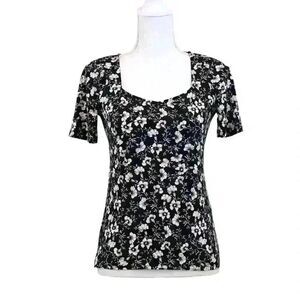 WHBM Black Floral‎ Ruched Sweetheart Blouse – Size XS